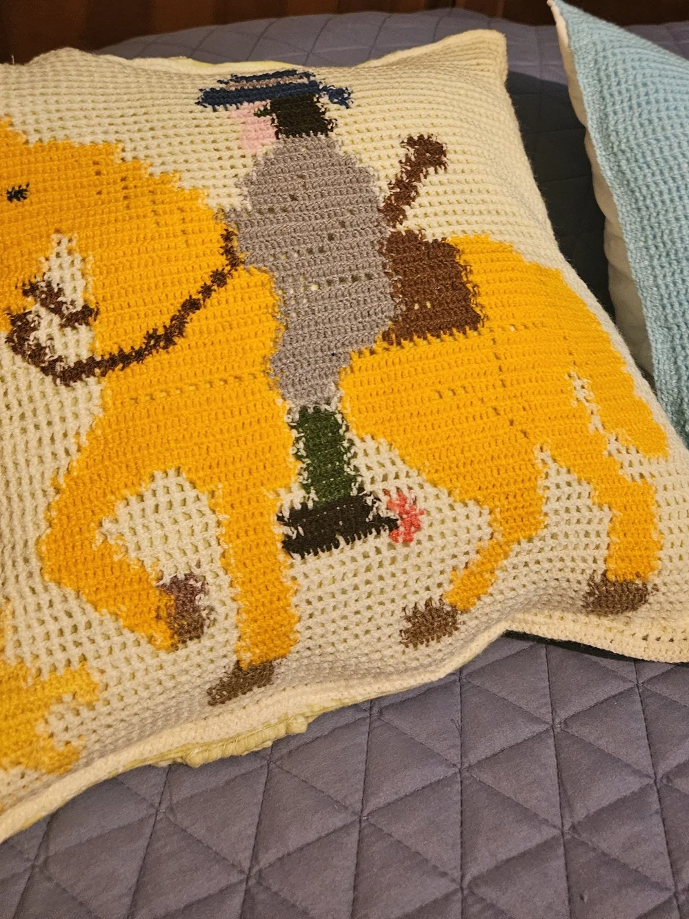 Yellow and Light Blue Hand-Crocheted Horseman and Dog Accent Pillow Covers